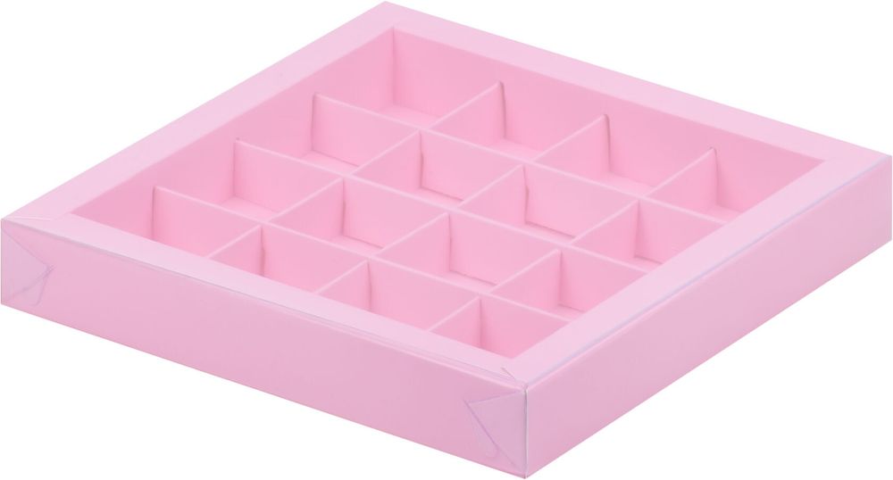 Коробка для конфет с пластиковой крышкой 190*190*35 (16) (розовая)