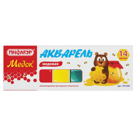 Краски акварельные ПИФАГОР "МЕДОК", 14 цветов, медовые, без кисти, картонная коробка, 191320