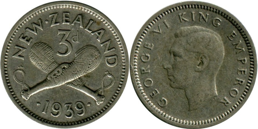 Новая Зеландия 3 пенса, 1939 Король Георг VI XF