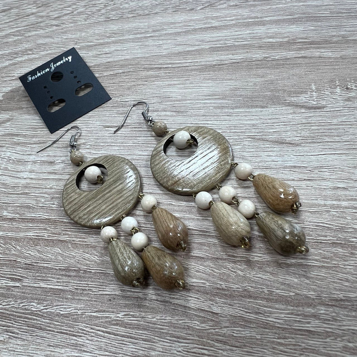 Серьги Сатурн, дерево, цвет бежевый, молочный, светло-коричневый 30x70 мм