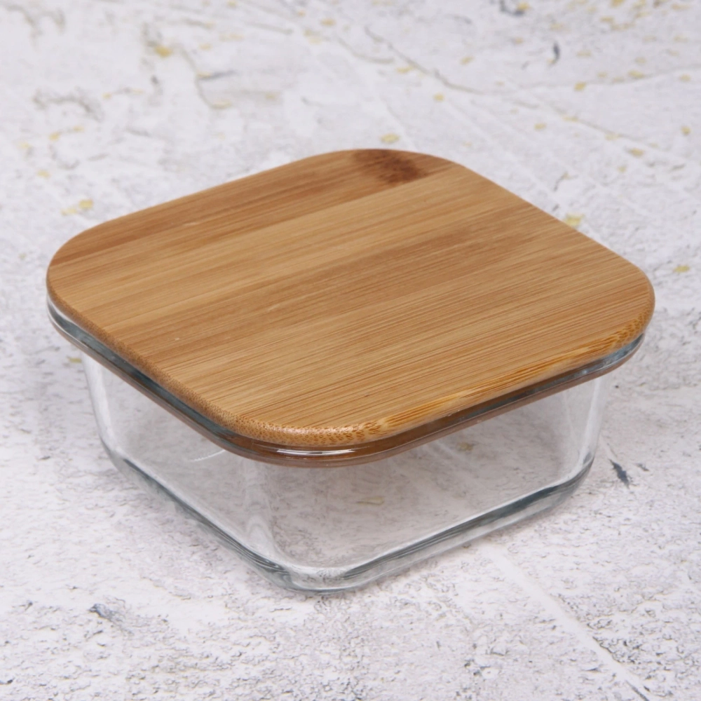 Контейнер стеклянный 300мл «Хай-Тек» квадратный с бамбуковой крышкой