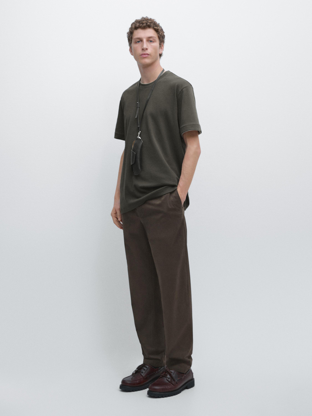 Massimo Dutti Хлопковая футболка с коротким рукавом, хаки