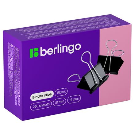 Зажим для бумаг 51мм, 12шт/упак, чёрный, Berlingo