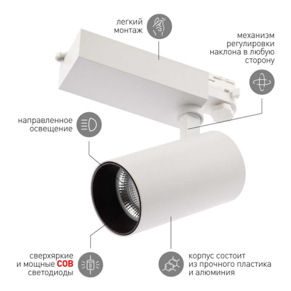 Трековый светильник трехфазный ЭРА SТR-30-36-30K-W30 светодиодный 30Вт 3000K белый