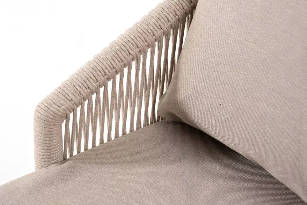 "Верона" диван 3-местный плетеный из роупа, каркас алюминий белый муар, роуп бежевый круглый, ткань бежевая 052
