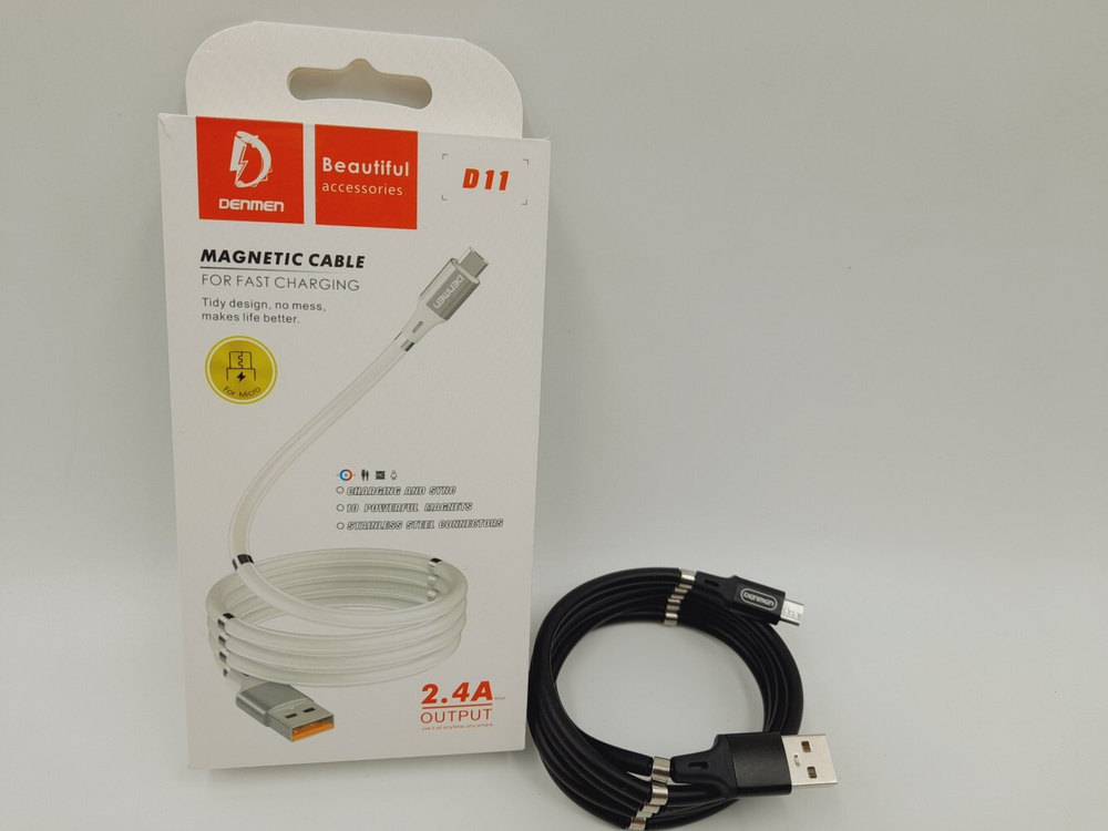 Кабель DENMEN D11V USB-microUSB 2.4A 1м, 10 магнитов на кабеле, PVC Black