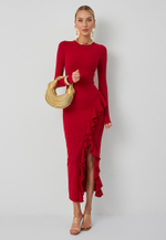 Платье с воланом красное