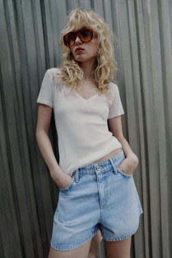 ZARA ШОРТЫ Z1975 MOM FIT СО СРЕДНЕЙ ПОСАДКОЙ, ГОЛУБОЙ