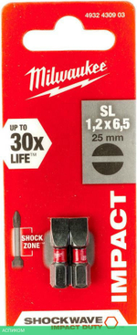 Бита Milwaukee Shockwave SL1.2x6.5 25мм 2шт (4932430903)