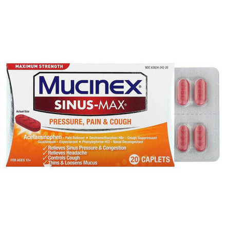 От аллергии Mucinex, Sinus-Max, давление, боль и кашель, для детей от 12 лет, 20 капсул