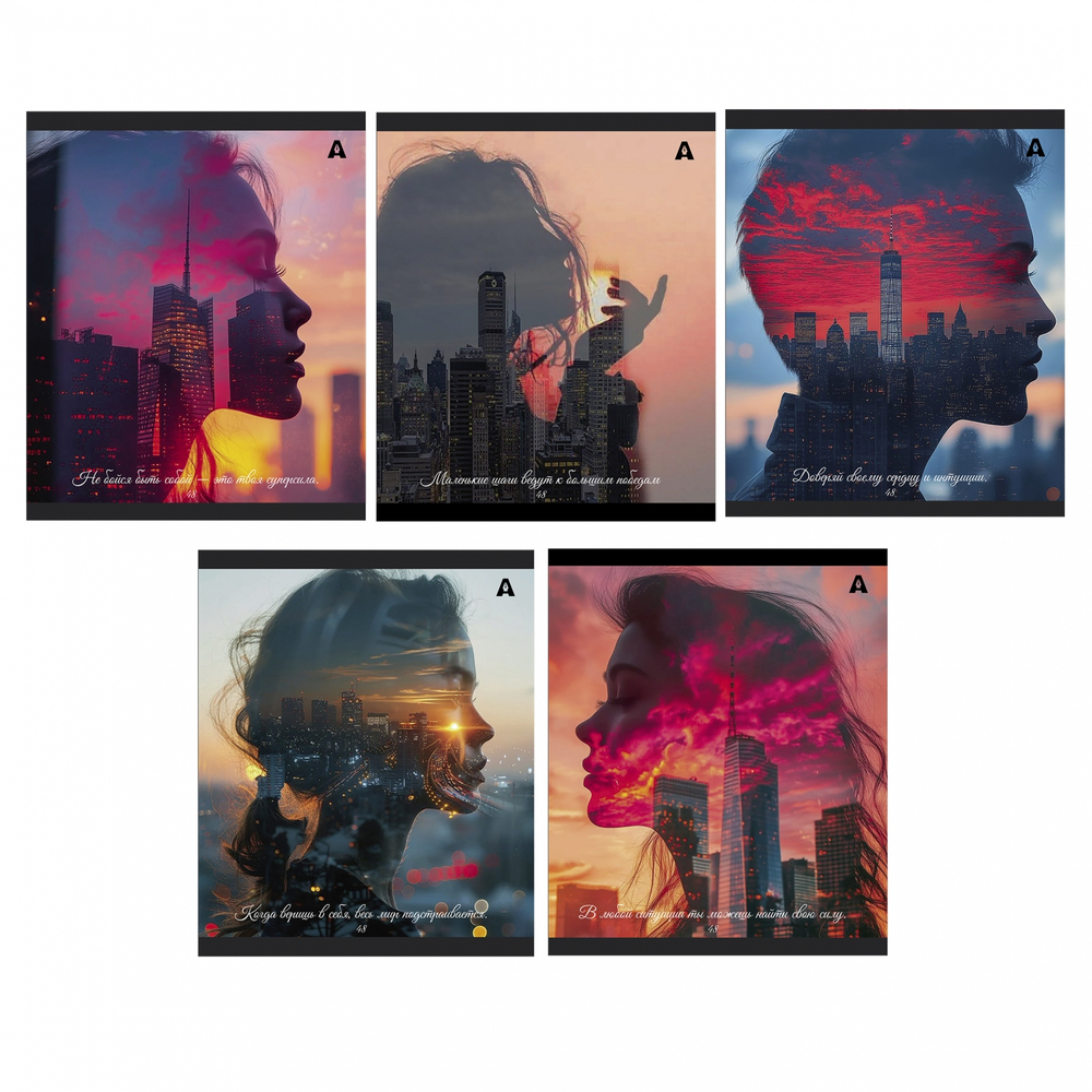 Тетрадь 48л., А5, линия, Alingar "City Style", скрепка, мелованый картон ( стандарт), блок офсет, 5 дизайнов в пленке т/у