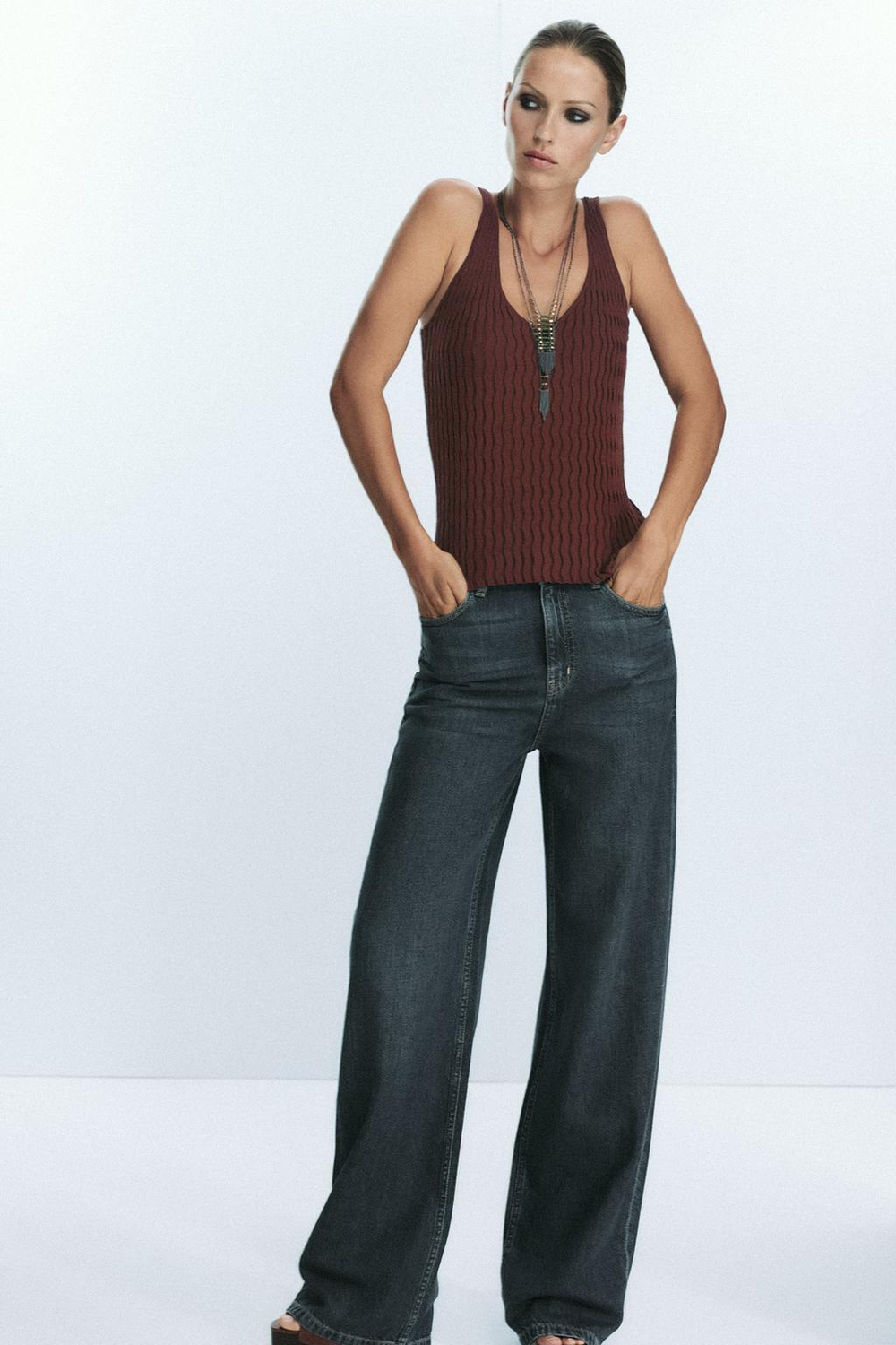 ZARA ТОП С РЕЛЬЕФНЫМ УЗОРОМ, БУРГУНДИ