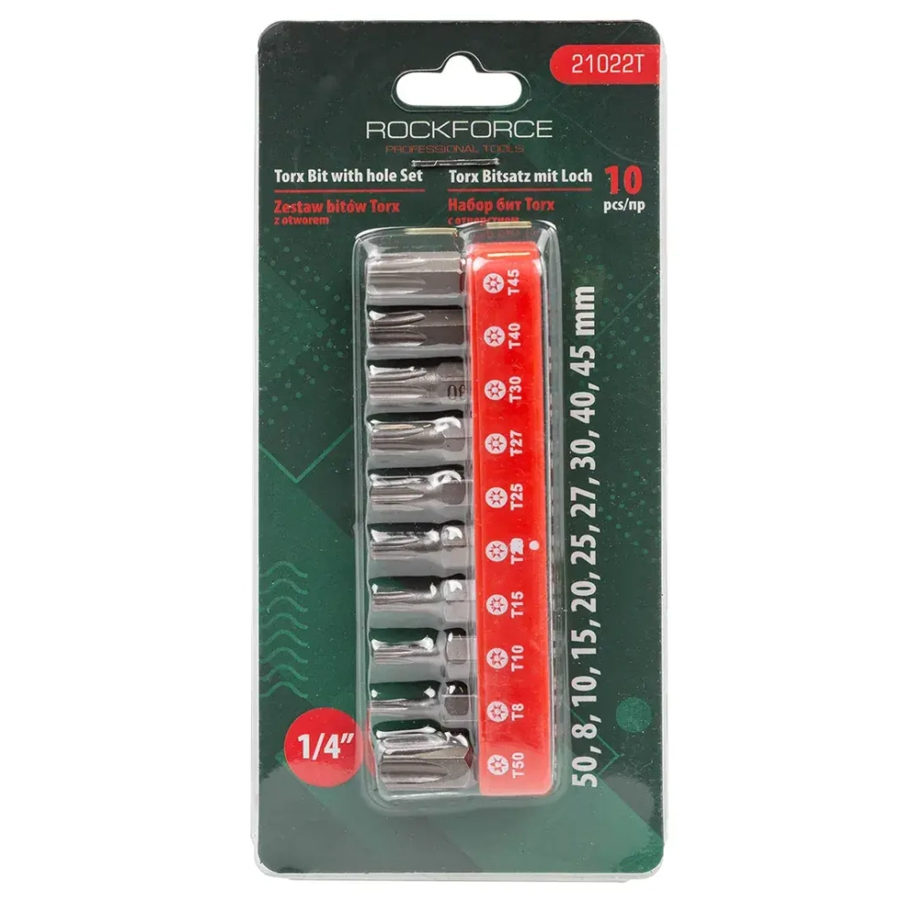 Набор бит TORX с отверстием 10пр. 1/4''(TН 7,8,9,10,15,20,25,27,30,40-25мм),в блистере RockForce##Rock FORCE RF-21022T