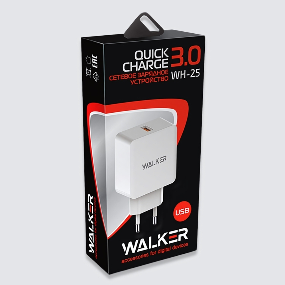 Зарядное устройство WALKER WH-25, 2.4А, 12Вт, USBx1 быстрая зарядка QC 3.0, белый