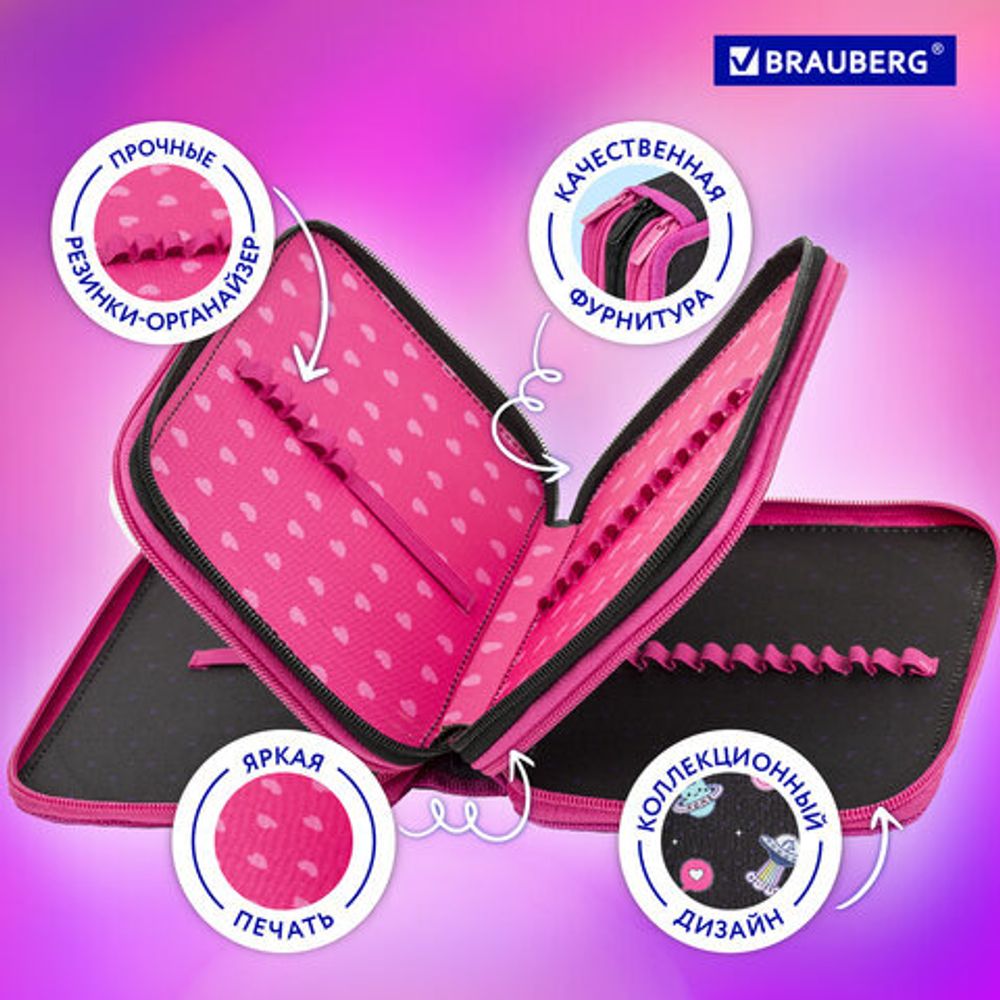 Пенал BRAUBERG, 3 отделения, полиэстер, 21х14 см, "Space sweets", 272332