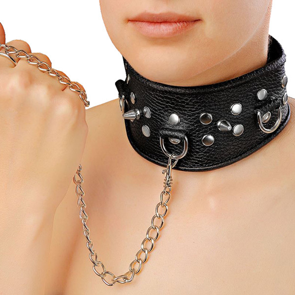 Чёрный кожаный ошейник с шипами и полукольцом Sitabella BDSM Accessories 3118-1