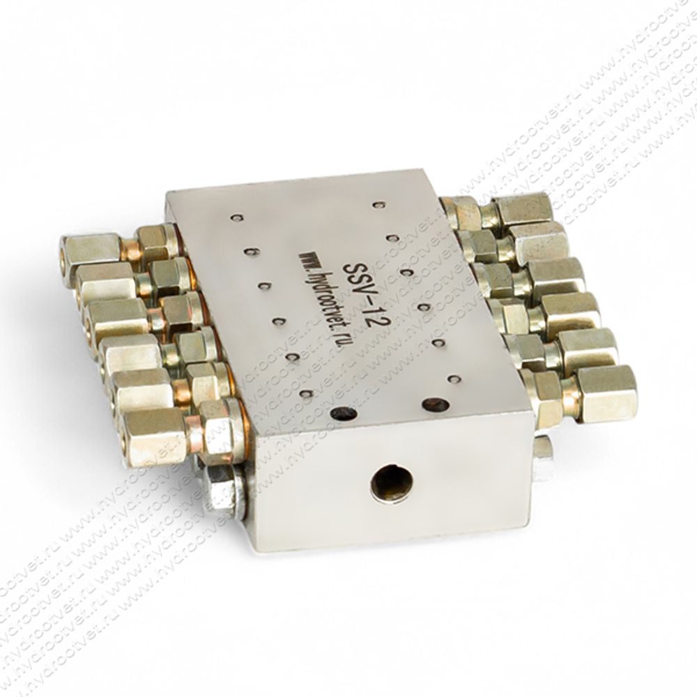 SSV-12 - Питатель для прогрессивных систем смазки с рабочим давлением 300 бар, количество выходов 12, максимальная доза 0,2 мл/цикл, без реле