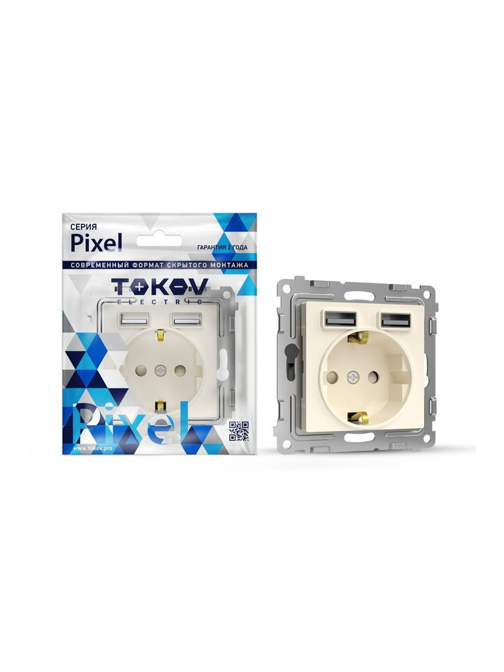 Розетка 1-м СП Pixel с заземл. с 2-мя заряд. устр. USB тип A+A механизм беж. TOKOV ELECTRIC TKE-PX-R1U2A-C02