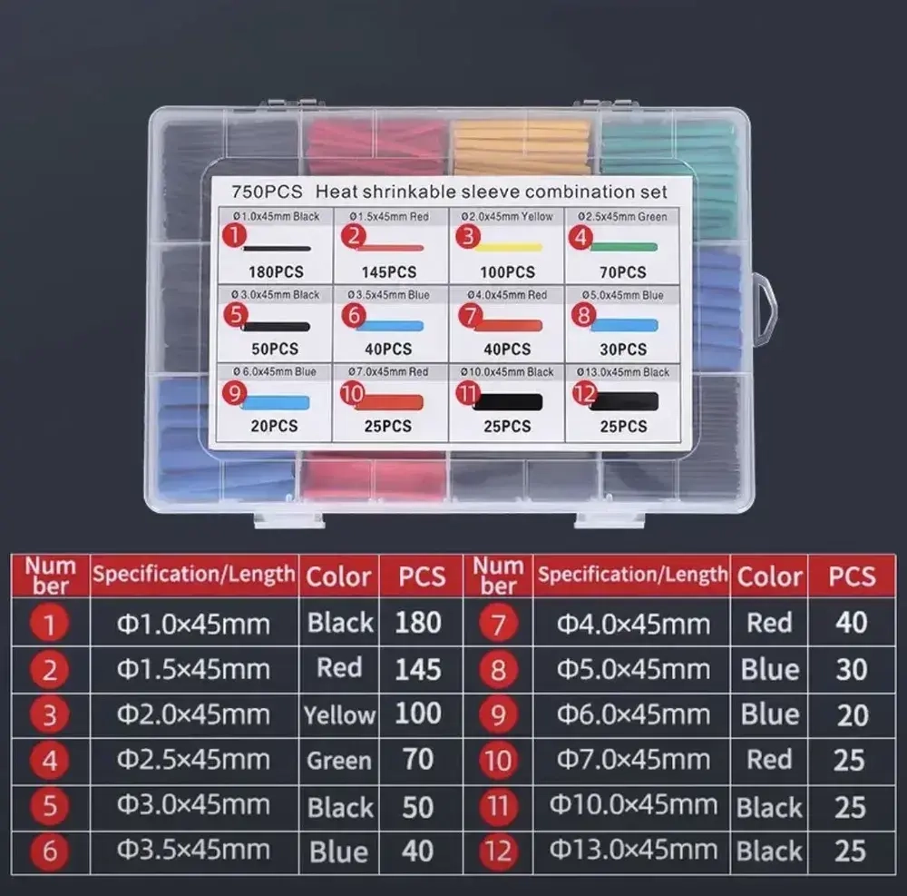 Набор термоусадочных трубок - 750 штук в пластиковом боксе. Термоусадка 1:2