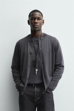 ZARA КАРДИГАН КЛАССИЧЕСКОГО КРОЯ С ШЕРСТЬЮ, АНТРАЦИТОВО-СЕРЫЙ