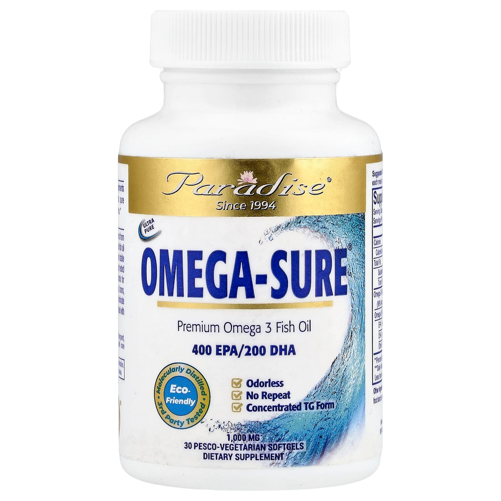 Paradise Herbs, Omega Sure®, премиальный рыбий жир с омега-3, 1000 мг, 30 вегетарианских капсул Pesco