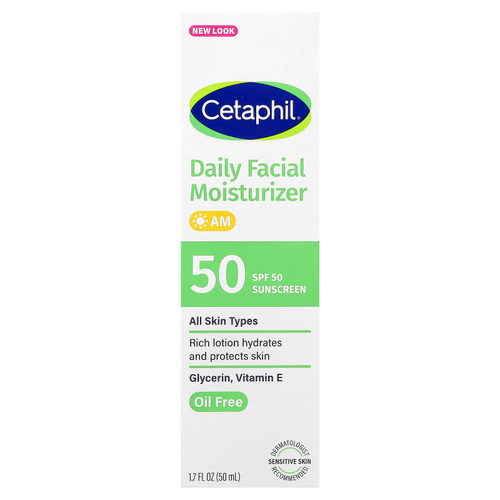Cetaphil, увлажняющий крем для лица для ежедневного использования, солнцезащитный крем, SPF 50, без отдушек, 50 мл (1,7 жидк. унции)