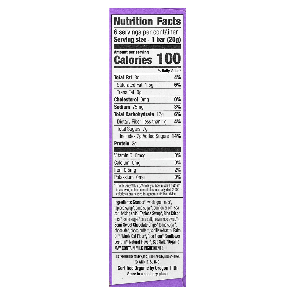 Annie's Homegrown, Органические жевательные батончики из гранолы, шоколадная крошка, 6 батончиков, 25 г (0,89 унции)