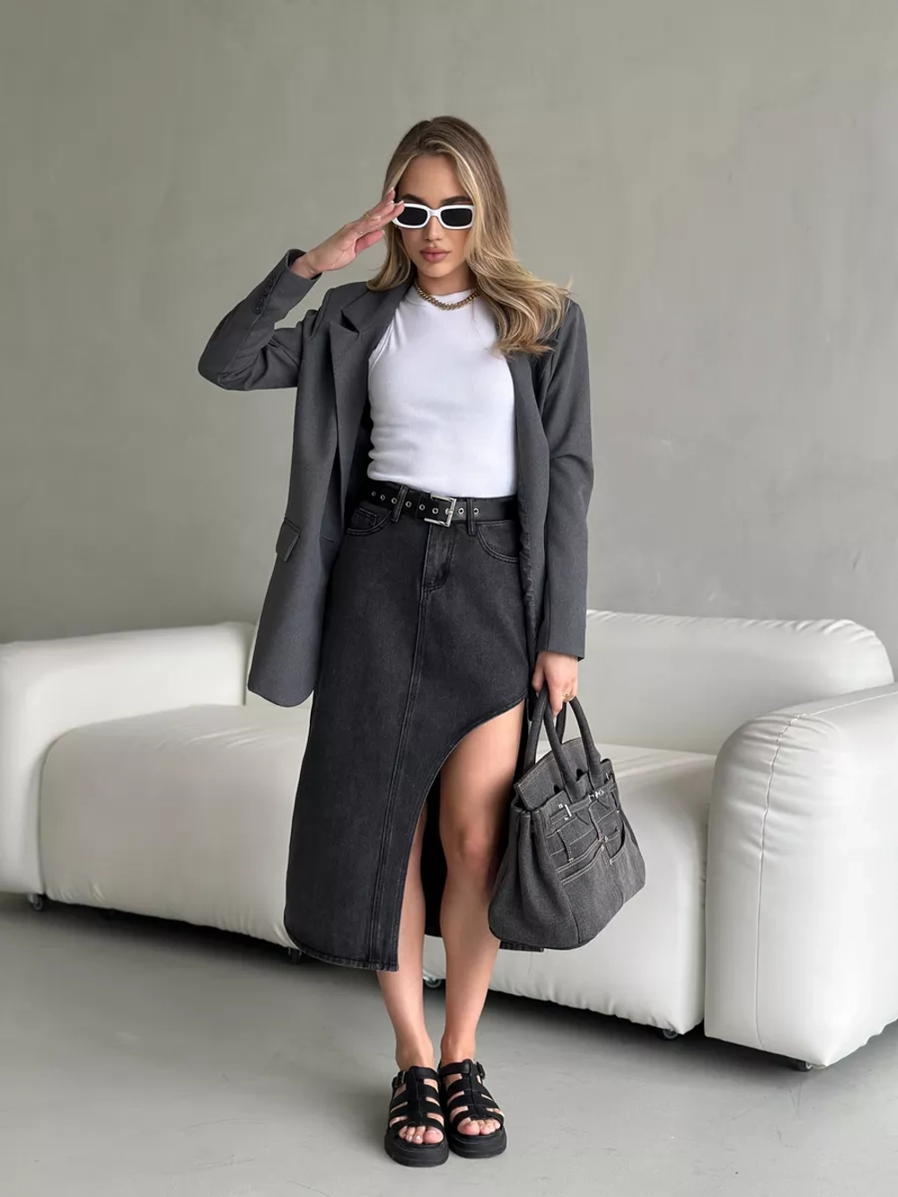 Юбка джинсовая миди карандаш с разрезом