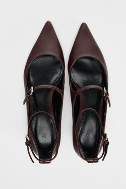 ZARA ТУФЛИ НА СРЕДНЕМ ТОНКОМ КАБЛУКЕ С РЕМЕШКАМИ, БОРДОВО-КРАСНЫЙ