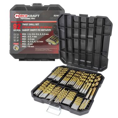 Набор сверл по металлу HSS, 92пр.(1.5,2,2.5,3,3.2мм по 10шт, 3.5,4мм по 8шт, 4.5мм-5шт, 5,5.5,6,6.5мм по 4шт, 8мм-3шт, 10мм-2шт),в кейсе FORCEKRAFT FK-924U92