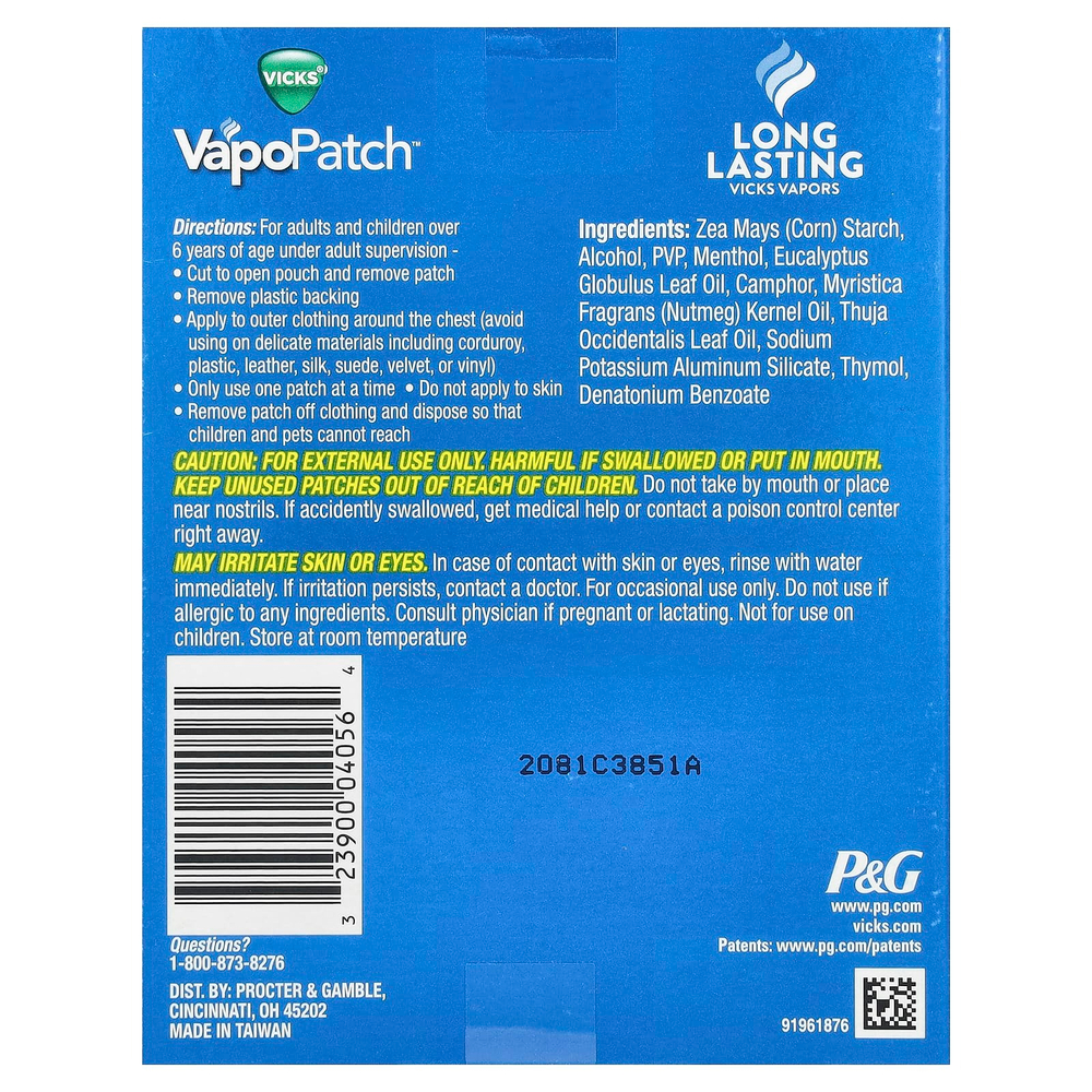 Vicks, VapoPatch ™, успокаивающий пар, 5 ароматизаторов, пригодных для ношения