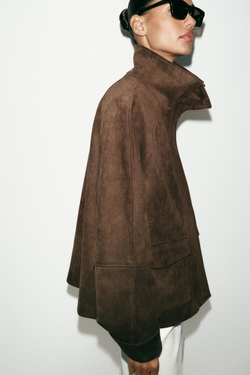 ZARA КУРТКА ИЗ ИСКУССТВЕННОЙ ЗАМШИ С КАРМАНАМИ, ТЕМНО-КОРИЧНЕВЫЙ