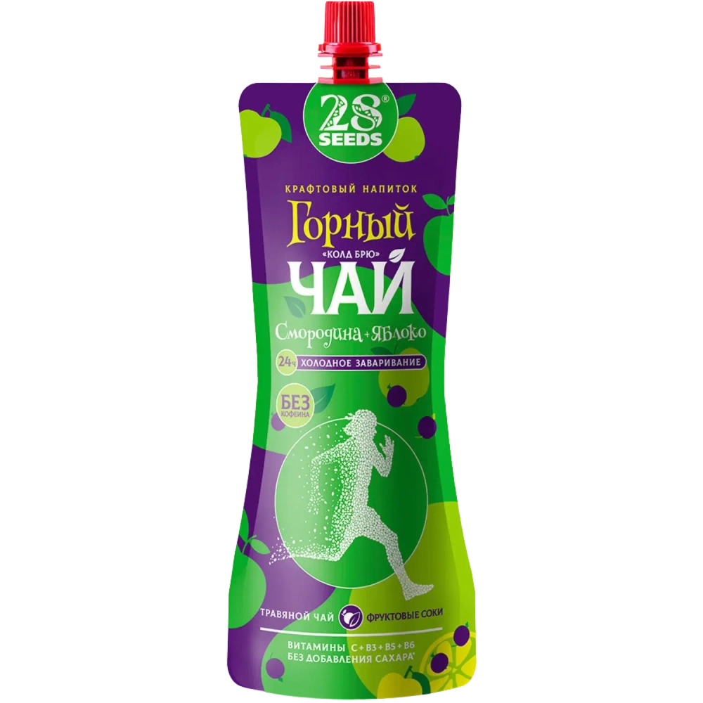 Горный чай «Колд брю» Смородина и Яблоко 28SEEDS, 250 мл, холодный чай в дой-паке, вид спереди