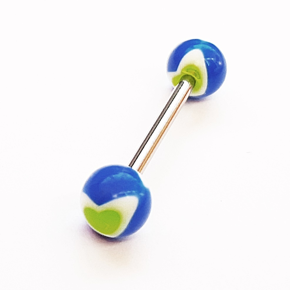 Штанга 16 мм с акриловыми цветными шариками 6 мм ( синий с салатовым сердцем) для пирсинга языка. Медицинская сталь. 1 шт
