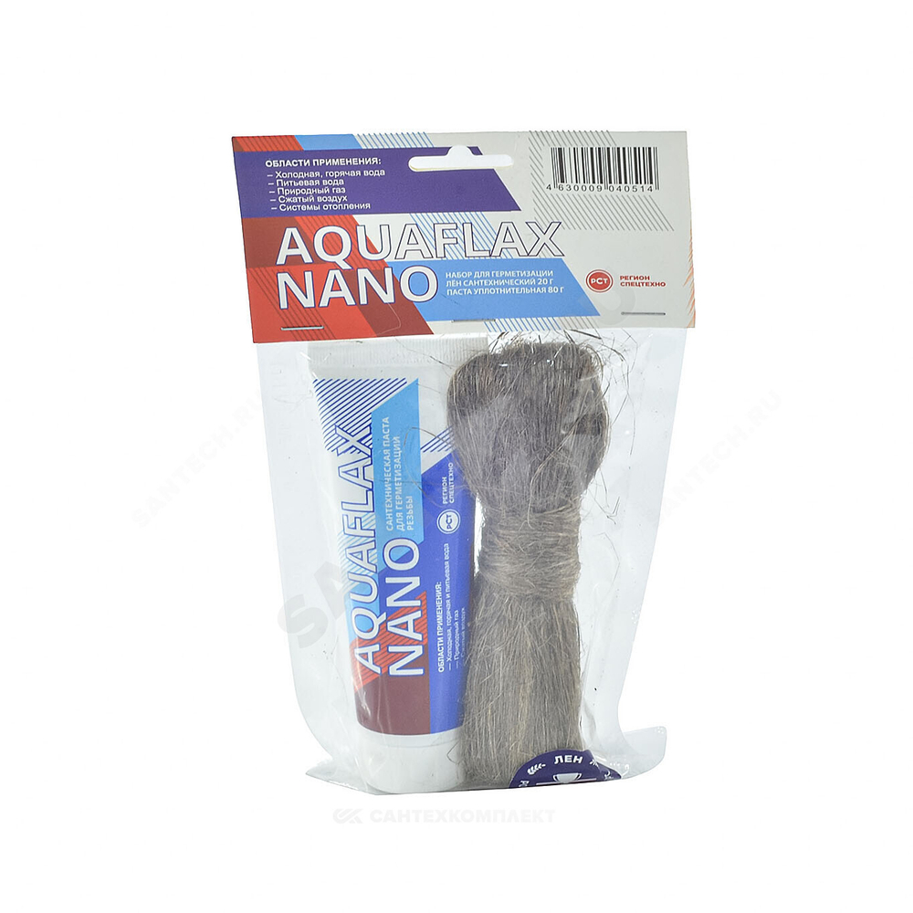 Набор для уплотнения резьбы лен (РФ) 20гр+паста 80гр AQUAFLAX NANO 04051 .