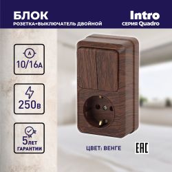 Блок розетка с выключателем Intro Quadro 2-706-10 двойным вертикальный 10А-250В, IP20, ОУ, венге