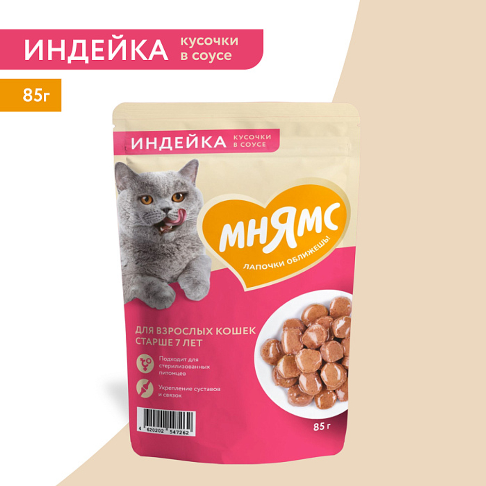 Влажный корм для кошек старше 7 лет Мнямс на каждый день кусочки в соусе с индейкой 85г 24 шт