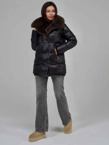Черный пуховик с декоративной молнией и шоколадным меховым воротником