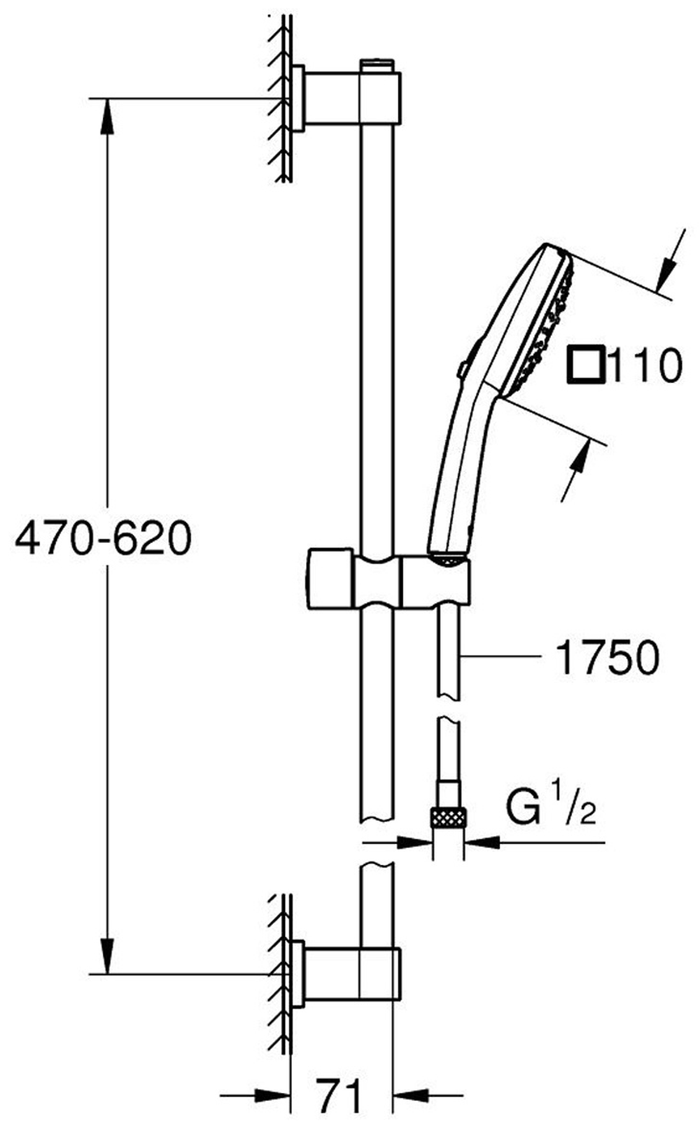 Душевой гарнитур GROHE Vitalio Comfort 110, 3 режима струи, штанга 600 мм, 9,5 л/мин, хром (26096001)