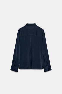 ZARA АТЛАСНАЯ РУБАШКА С РАЗРЕЗОМ, МОРСКОЙ СИНИЙ