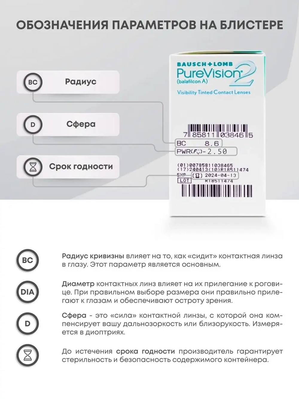 Ежемесячные контактные линзы Pure Vision 2 (комплект 18 линз)