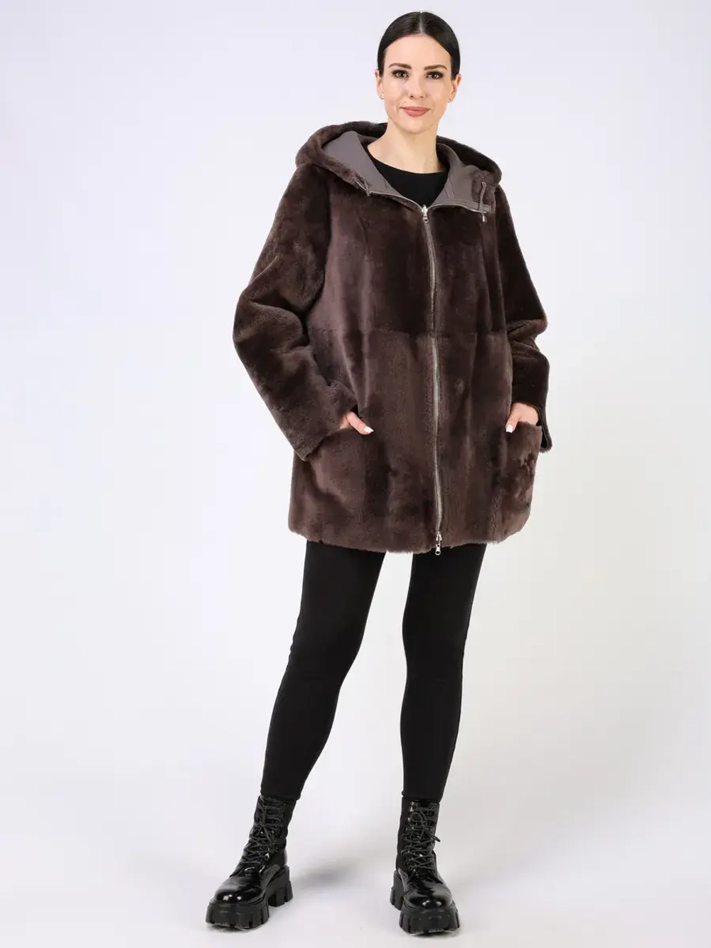 Дубленка зимняя двухсторонняя шуба с капюшоном