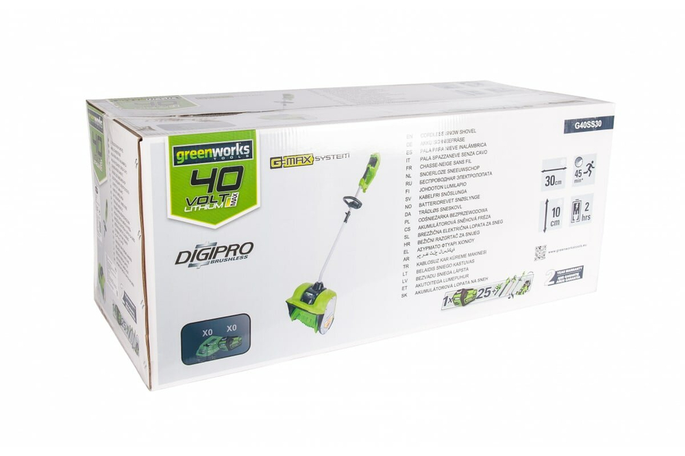 Снегоуборщик-снеголопата GREENWORKS GD40SS 40В,б/щ,30 см,1хАКБ 4 А.ч и ЗУ (2600807///)