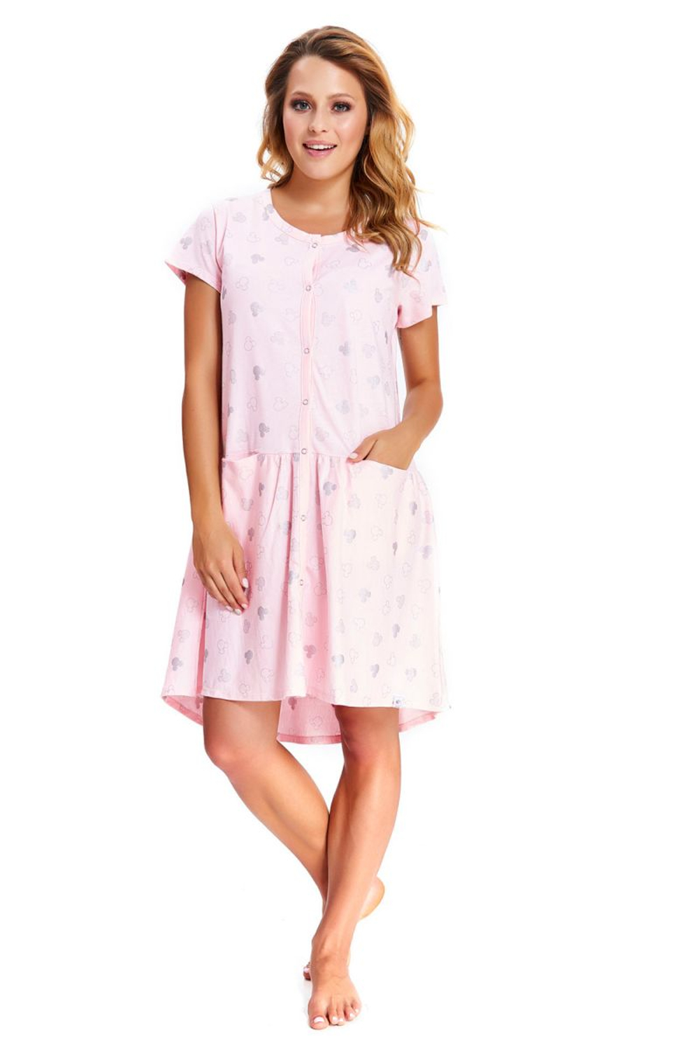 Хлопковая свободная сорочка с принтом Микки (Размер: XL) (Цвет: нежно-розовый)