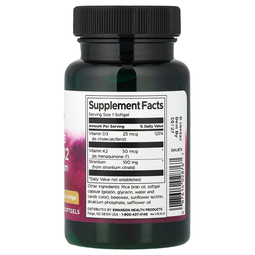 Swanson Vitamins, витамины D3 и K2 со стронций, 60 мягких таблеток