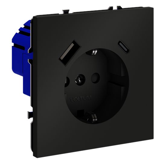 Розетка встраиваемая VOLTUM S70 с заземлением и защитными шторками, 16А, с USB, A+С, (черный матовый