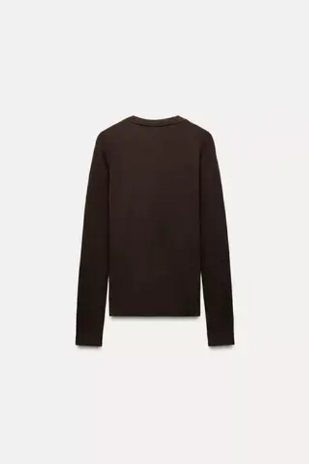 ZARA ФУТБОЛКА ИЗ МЯГКОЙ ТКАНИ С ДЛИННЫМИ РУКАВАМИ, ТЕМНО-КОРИЧНЕВЫЙ