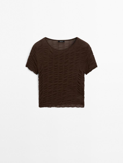 Massimo Dutti Трикотажная футболка со сборкой, коричневый