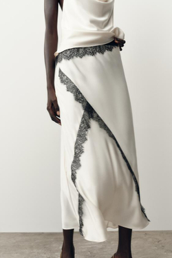 ZARA АТЛАСНАЯ ЮБКА-МИДИ С КРУЖЕВОМ, ЭКРЮ