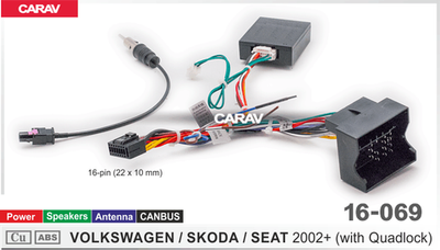 ПЕРЕХОДНИК 16-039: Cable Kit of 9" & 10.1" HeadUnit for VOLKSWAGEN-SKODA-SEAT 2002+ (all with Quadlock) / Power + Speakers + Antenna + CANBUS